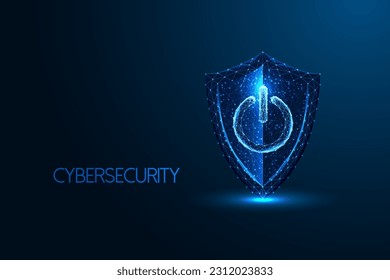 Cybersecurity, web safety, digital defense futuristic concept with protection shield and power button in glowing low polygonal style on dark blue background. Modern abstract design vector illustration