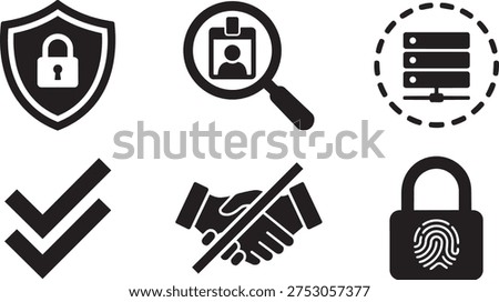 Cybersecurity Zero-Trust Architecture Symbols explicitly verifying identities and segmenting networks solid black vector silhouette icon set for secure systems