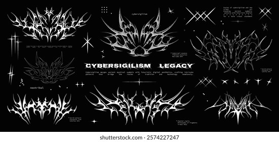 Cybersigilism legacy, Neo tribal patterns in different styles. Gothic tattoo, 3D digital art. Сybersigilism in a rethought understanding, different styles - 3d, silhouette, flat. Neo tribal. Vector