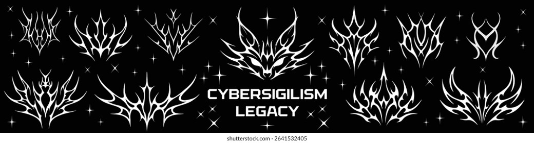 Cybersigilism Tattoo legacy, Neo tribal Cyber patterns in different styles. Gothic tattoo, 3D digital art. Vector silhouette