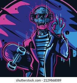 Cyberskull vector character illustration playing skateboard