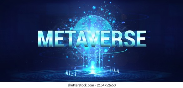 Cyberspace With 3D Earth Globe And Inscription Metaverse. Concept AR And VR Cyber World Through Glasses, Helmet, PC Or Other Gadgets. Metaverse Simulation Virtual Reality. Blue 3D Earth Globe Hologram