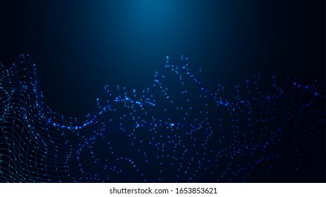 Cyberspace 3D Grid, technology vector illustration with glowing particles. Abstract Science and Artificial Intellect Mesh Background. Misty Cyber Landscape.