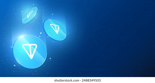 Cyberspace banner with 3d glowing cyan coin with Toncoin logo on blue background with sparkles. Template of webpage with TON tokens copy space for text. Cryptocurrency, blockchain technology. Telegram