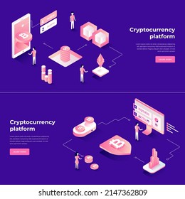 Cyberspace bitcoin mining blockchain connection digital technology isometric landing page set vector illustration. Cryptocurrency platform trade monitoring virtual money production website design