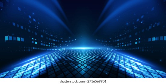 Ciberespaço com efeito de luz azul e decoração padrão quadrado. Comunicação de dados digitais de fundo da ciência. Ilustração vetorial