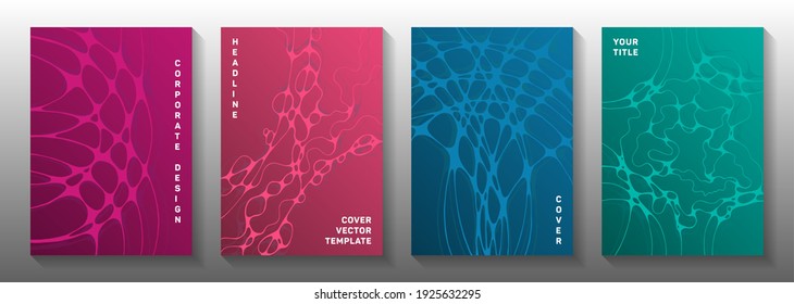 Cyberspace concept abstract vector covers. Bent curve lines network textures. Creative notebook vector layouts. Radio physics cover pages graphic design set.