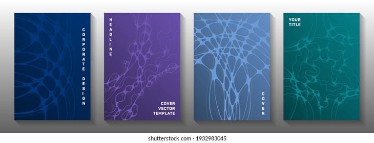 Cyberspace concept abstract vector covers. Crossed waves pattern textures. Delicate notebook vector templates. Science fiction cover pages graphic design set.