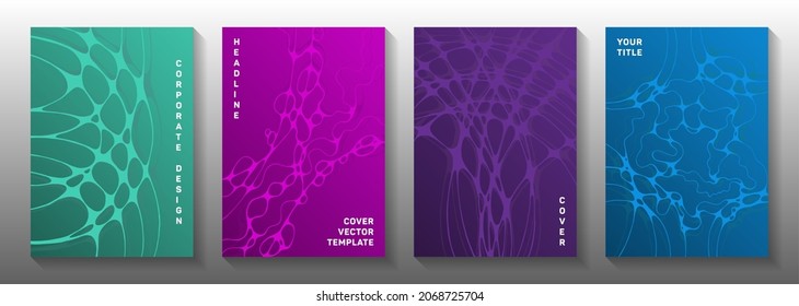 Cyberspace concept abstract vector covers. Rounded curve lines connection backgrounds. Tracery magazine vector layouts. Hi tech cover pages graphic design set.