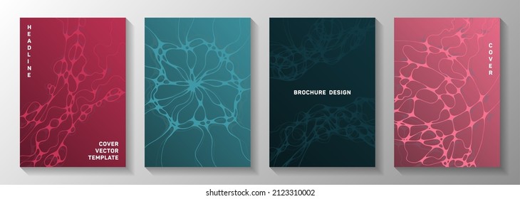 Cyberspace concept abstract vector covers. Rounded waves rete backgrounds. Modern banner vector layouts. Radio physics cover pages graphic design set.