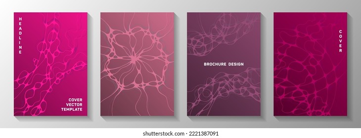 Cyberspace concept abstract vector covers. Rounded waves ornament backgrounds. Modern banner vector layouts. Radio physics cover pages graphic design set.