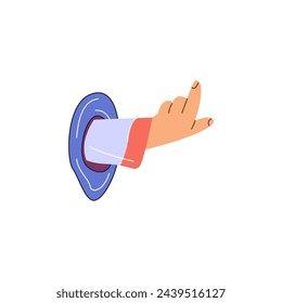 Concepto del ciberespacio: una mano humana que emerge de un agujero de teletransporte, mostrando la separación del cuerpo. Ilustración para realidad virtual, tema metaverso. Vector de fantasía sobre fondo aislado.