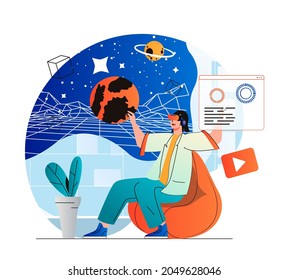 Cyberspace concept in modern flat design. Woman explores galaxy and planets in galaxy simulation using VR headset, innovation interactive education. Virtual augmented reality. Vector illustration