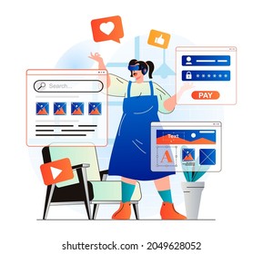 Cyberspace concept in modern flat design. Woman working at internet using VR headset and touches visual interface with banking or search services. Virtual augmented reality. Vector illustration