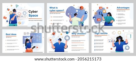 Cyberspace concept for presentation slide template. People uses virtual reality glasses, gaming, working and learning at interactive space with VR simulation. Vector illustration for layout design
