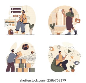 Cyberspace concept scenes set in flat web design. People in situations of in VR headsets interacting with virtual reality, paying shopping, working, playing game with simulation. Vector illustrations.