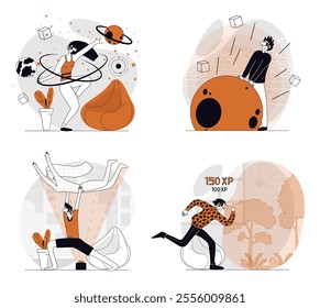 Cyberspace concept set in flat design for web. Collection with people in VR headsets interacting with virtual reality, playing games with cyber space and hologram simulation. Vector illustrations.