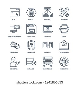 Cyberspace, Data storage, Database, Developer, Development, Http, Game development, Engineering, Error 404 outline vector icons from 16 set