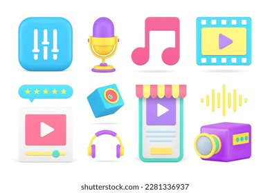 Entretenimiento en el ciberespacio contenidos multimedia que transmiten tecnología digital establecen un icono 3d ilustraciones vectoriales realistas. botón de aplicación de smartphone de transmisión de internet de comunicación en medios sociales