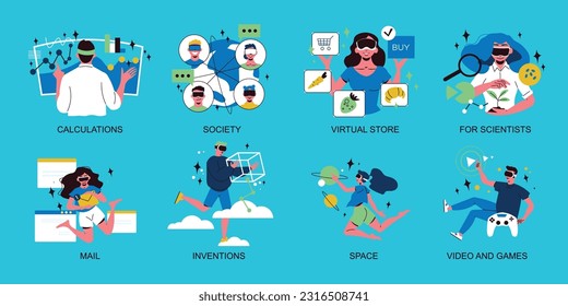 Cyberspace flat compositions set with people working and playing in virtual reality isolated vector illustration