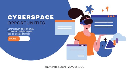Cyberspace flat concept with woman in vr headset vector illustration