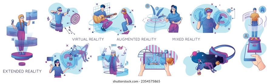 Cyberspace flat set of people using extended virtual augmented mixed reality gadgets isolated vector illustration