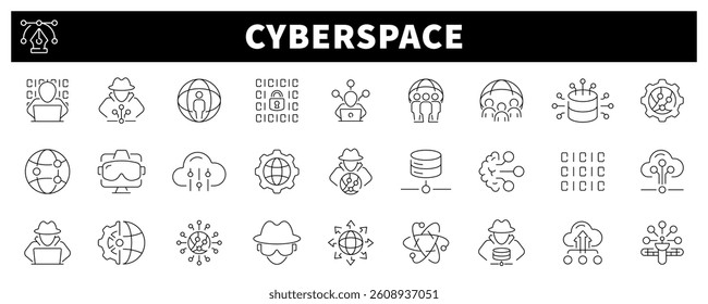 Cyberspace and hacking technologies vector outline icons set. Digital security and hacker tools icons