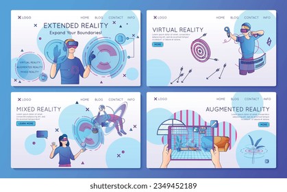 Cyberspace horizontal banners set with people experiencing virtual extended augmented mixed reality isolated vector illustration