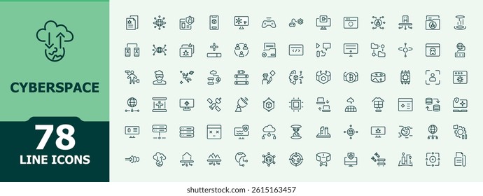 Cyberspace icon pack. Web linear icon collection. Thin icons set. It contains symbols to hack, security, technology, web, website, digital, protection and more. Minimalist vector collections.