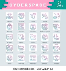 Cyberspace icon set containing Keylogger, Monitoring, Hashing, Spoofing, Mitigation, Tunneling, Quarantine, Identity Management, Visibility, Response icon. Simple gradient vector illustration