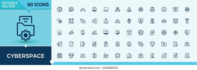 Cyberspace icon set. Includes thin line star, astronaut, orbit, telescope, futuristic, space, spaceship, moon. Thin linear style icons. Solid line editable vector illustration.