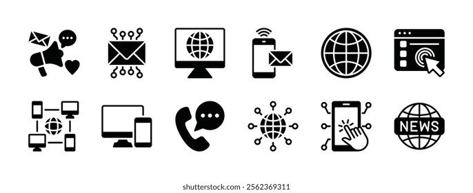 Cyberspace icon vector set. Containing social media, electronic mail, website, web page, computer device, communication technology, news, network, blog, newsletter