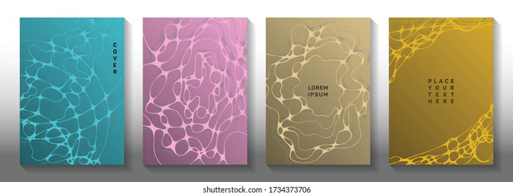 Cyberspace idea abstract vector covers. Complex waves pattern backgrounds. Vivid title page vector templates. Radio physics cover pages graphic design set.