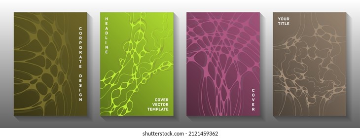 Cyberspace idea abstract vector covers. Fluid curve lines flux backdrops. Colorful notebook vector layouts. Radio physics cover pages graphic design set.