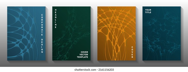 Cyberspace idea abstract vector covers. Smooth waves ornament backgrounds. Vibrant magazine vector templates. Engineering cover pages graphic design set.
