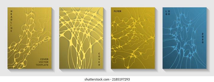 Cyberspace idea abstract vector covers. Complex waves plexus backgrounds. Soft notebook vector layouts. Radio physics cover pages graphic design set.