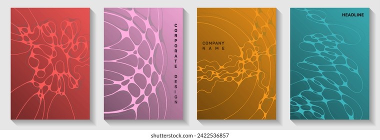 Cyberspace idea abstract vector covers. Mobile waves blend backdrops. Tracery title page vector layouts. Radio physics cover pages graphic design set.