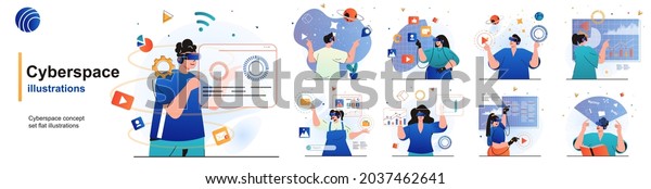 Cyberspace isolated set. Virtual reality
technology, gaming and education. People collection of scenes in
flat design. Vector illustration for blogging, website, mobile app,
promotional
materials.