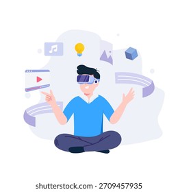 Ciberespacio aislado. Tecnología de realidad virtual, juegos y educación. Personas colección de escenas en diseño plano. Ilustración vectorial 