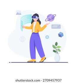 Ciberespacio aislado. Tecnología de realidad virtual, juegos y educación. Personas colección de escenas en diseño plano. Ilustración vectorial 