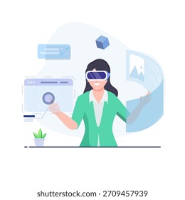 Ciberespacio aislado. Tecnología de realidad virtual, juegos y educación. Personas colección de escenas en diseño plano. Ilustración vectorial 