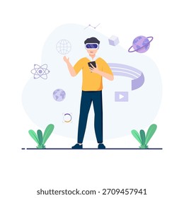 Ciberespacio aislado. Tecnología de realidad virtual, juegos y educación. Personas colección de escenas en diseño plano. Ilustración vectorial 