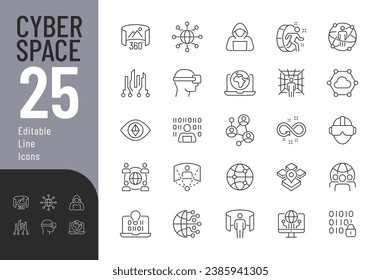 Juego de iconos editables de la línea del ciberespacio. Ilustración vectorial en línea delgada estilo moderno de iconos relacionados con la realidad virtual: metaverso, programación, protección de datos y más. Aislado en blanco.