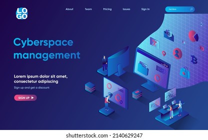 Cyberspace management concept 3d isometric web landing page. People upload and transfer files, manage, store and share information using cloud technologies. Vector illustration for web template design