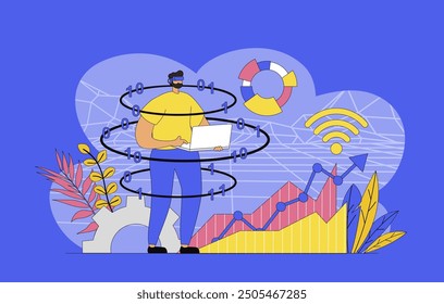 Cyberspace management concept with modern flat design for web. Man interacts with virtual data dashboard system displays, making analizing statistic, working in cyber reality. Vector illustration.