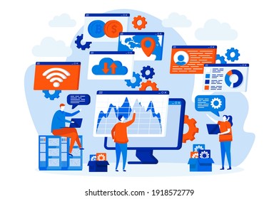 Cyberspace management concept with people. Network administrators scene. Digital security and network management composition in flat style. Vector illustration for social media promotional materials.