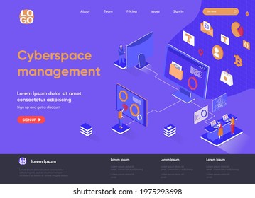 Cyberspace management isometric landing page. Digital security and network management software isometry concept. Operate and control system flat web page. Vector illustration with people characters.