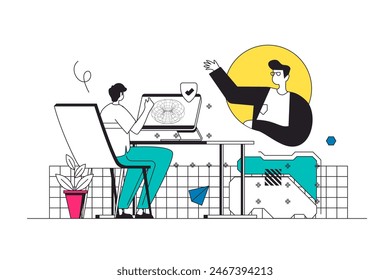 Cyberspace management outline web concept in modern flat line design. Man working at computer with project and cooperating with executive network manager for organize workflow. Vector illustration