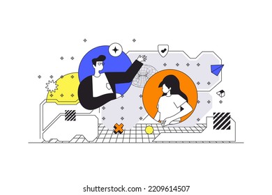 Concepto web de gestión del ciberespacio en diseño de contorno plano con caracteres. El hombre y la mujer interactúan con el sistema de almacenamiento en línea, administran archivos y documentos digitales, escenas de personas. Ilustración vectorial.