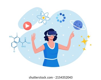 Cyberspace. Metaverse Digital Virtual Reality Technology. Innovation Interactive Education At Home. Woman In VR Glasses And Headset Learning And Touching Elements Of Simulation. Cyber Technology